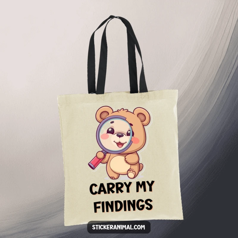 Funny Bear Tote Bag: A bear holds a magnifying glass, perfect for carrying essentials with playful curiosity and humor.
