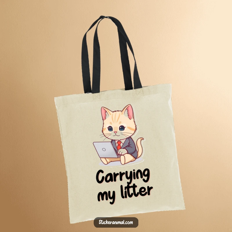 Funny tote bag showcasing a cute cat in a business suit, typing at a laptop, perfect for carrying work essentials with humor.