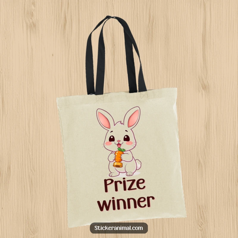 Funny Cheerful Rabbit Tote Bag: A sturdy bag featuring a happy rabbit holding a tiny carrot trophy, perfect for carrying daily items.