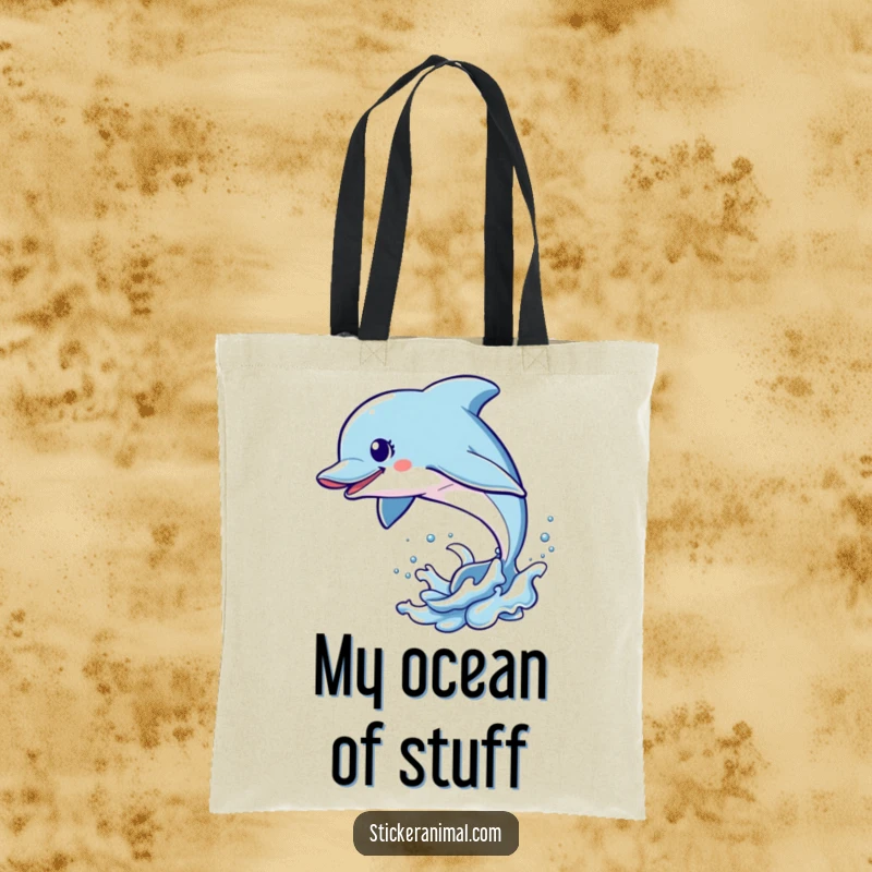 Funny Dolphin Leap Tote Bag with an energetic dolphin character leaping out of the water, perfect for stylish and humorous ocean-themed carrying.
