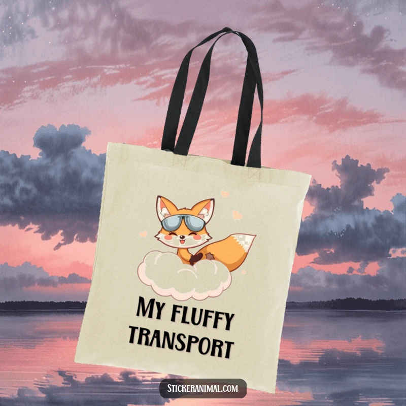 Funny Fox Tote Bag: A fox pilots a cloud in a whimsical sky, perfect for carrying essentials with playful adventure.