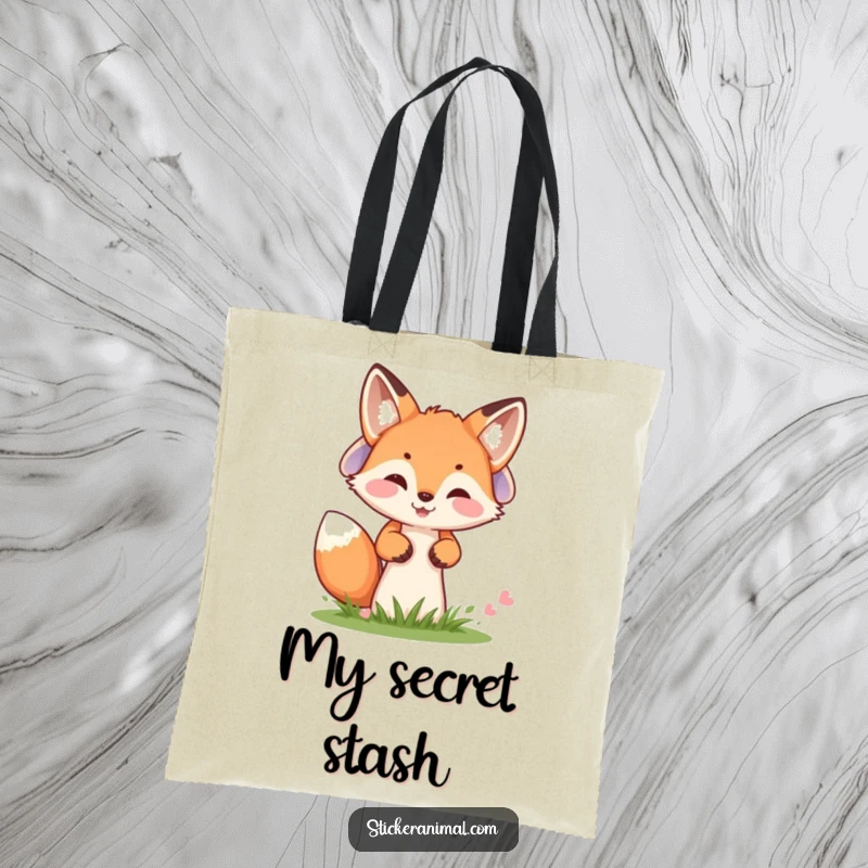 Funny tote bag depicting a cheerful fox cub peeking from behind a mushroom, perfect for stylish carrying.