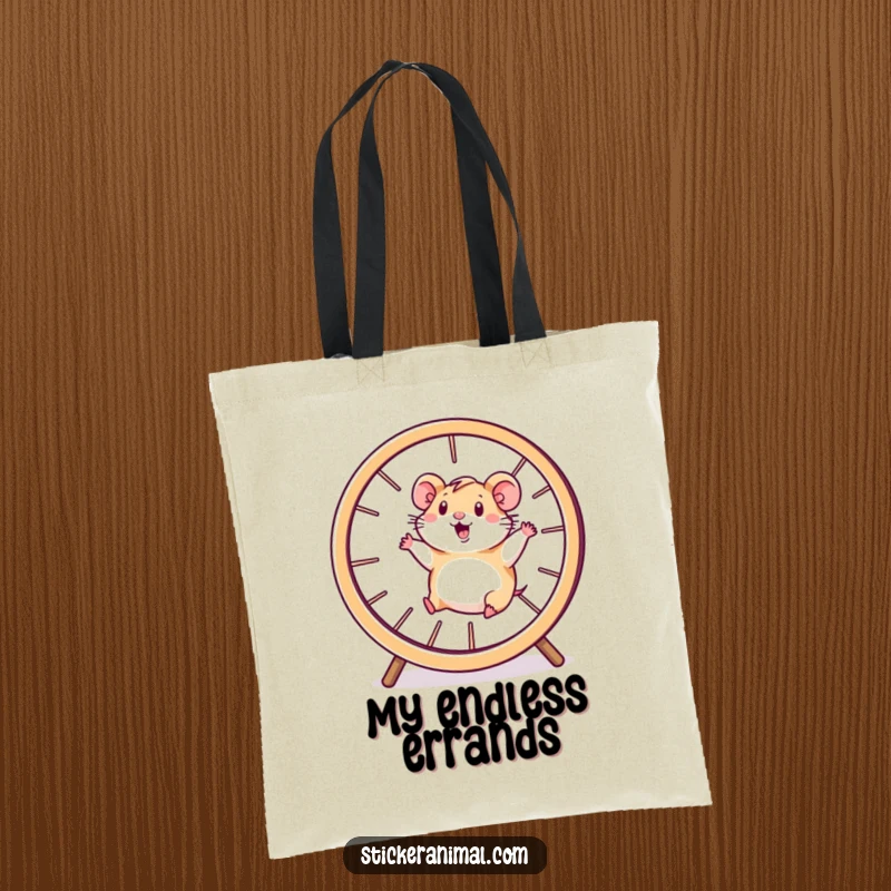 Funny hamster tote bag showing a happy character running inside a giant spinning wheel, a symbol of constant motion.