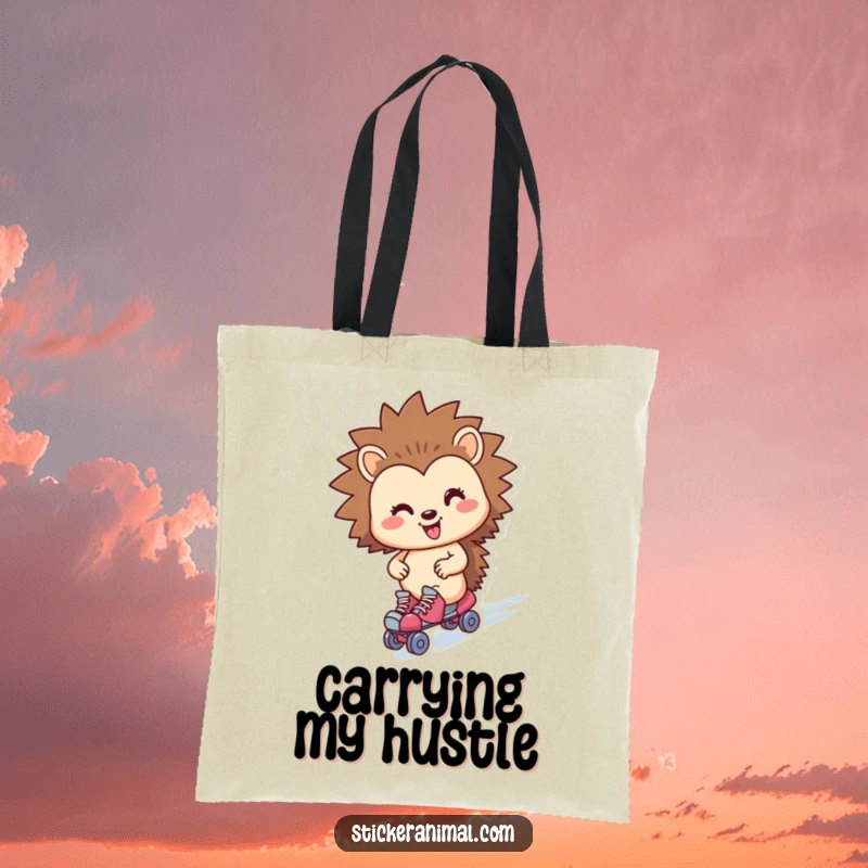 Funny hedgehog character on a tote bag, wearing roller skates and zipping by with pure joy.