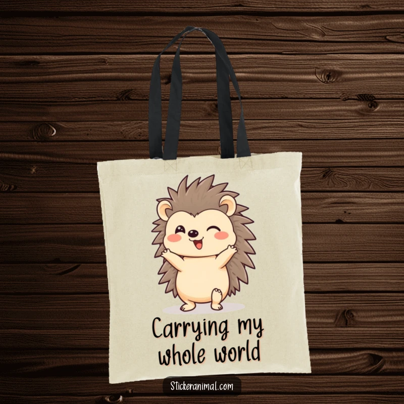 Funny hedgehog character in a headstand on a tote bag, a cheerful and humorous design, great for a funny gift.