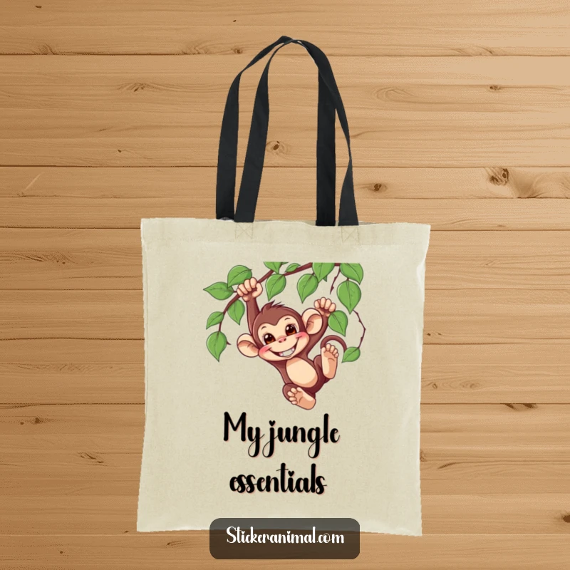 Funny Monkey Swinging Tote Bag with a mischievous monkey character swinging from a vine, showcasing a humorous and adventurous spirit.