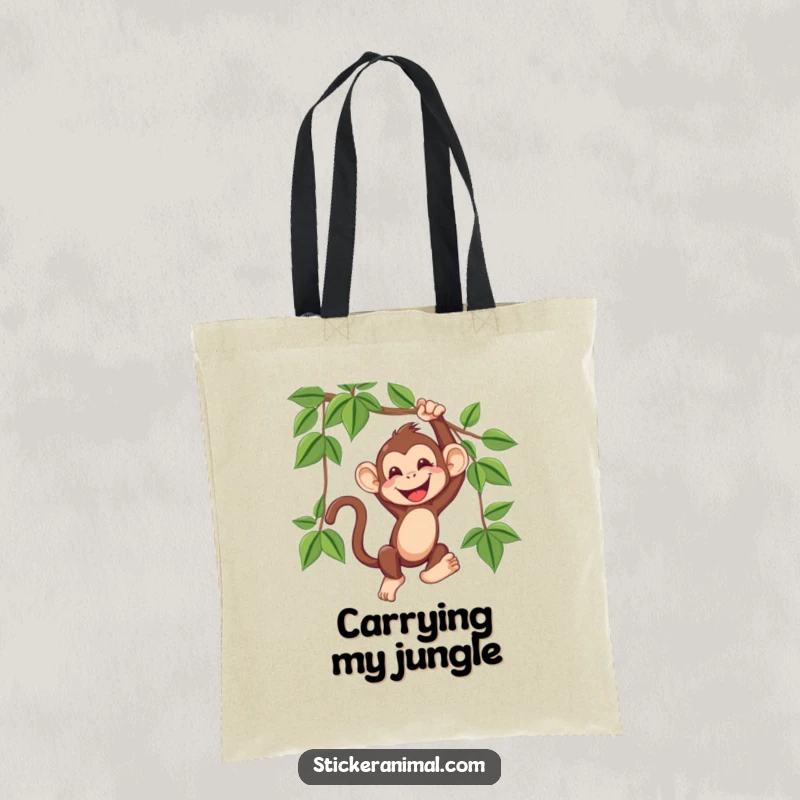 Funny tote bag illustrated with a delighted monkey mid-swing on a vine, captured in a moment of pure, giggling joy.
