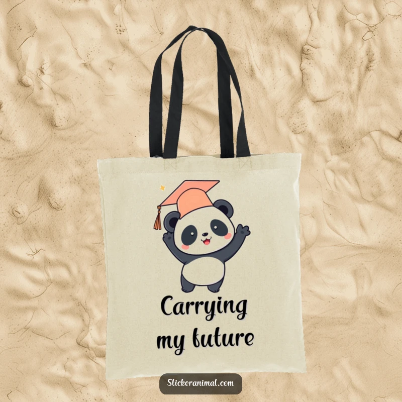 Funny tote bag with a cute panda character celebrating graduation by tossing its cap in the air, perfect for carrying essentials.