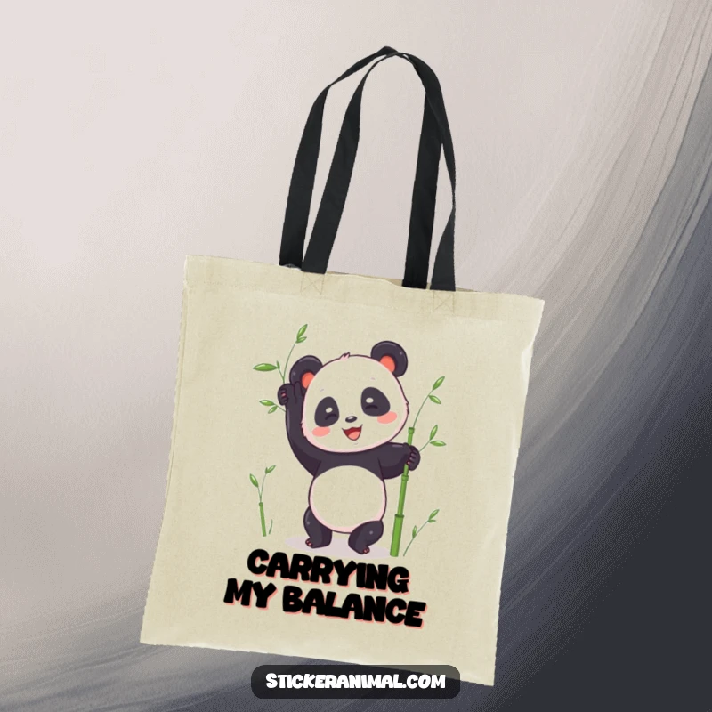 Funny panda handstand tote bag with a joyful panda character balancing in a handstand, holding bamboo stalks for support.