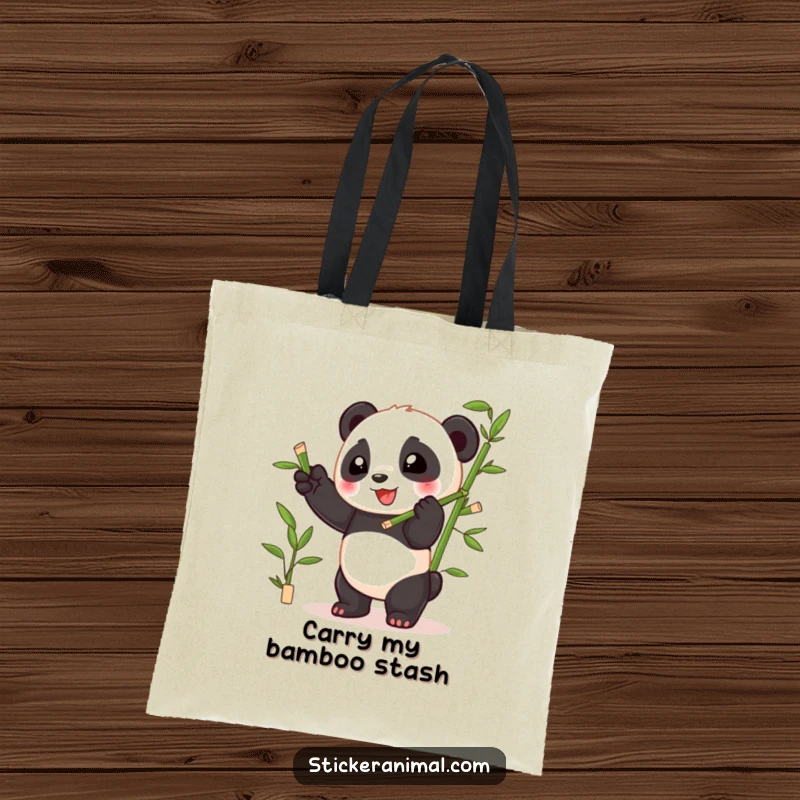 Funny playful panda cub juggling bamboo shoots with glee, depicted on a durable and adorable tote bag.