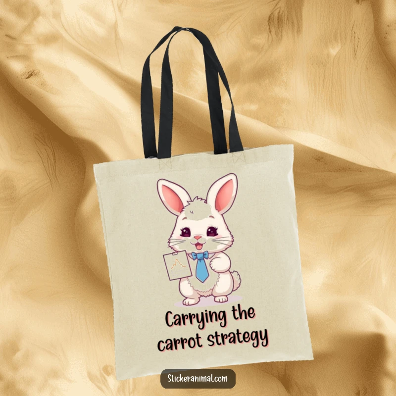 Funny tote bag with a dapper rabbit in a tie, enthusiastically presenting a small chart, great for shopping and work.