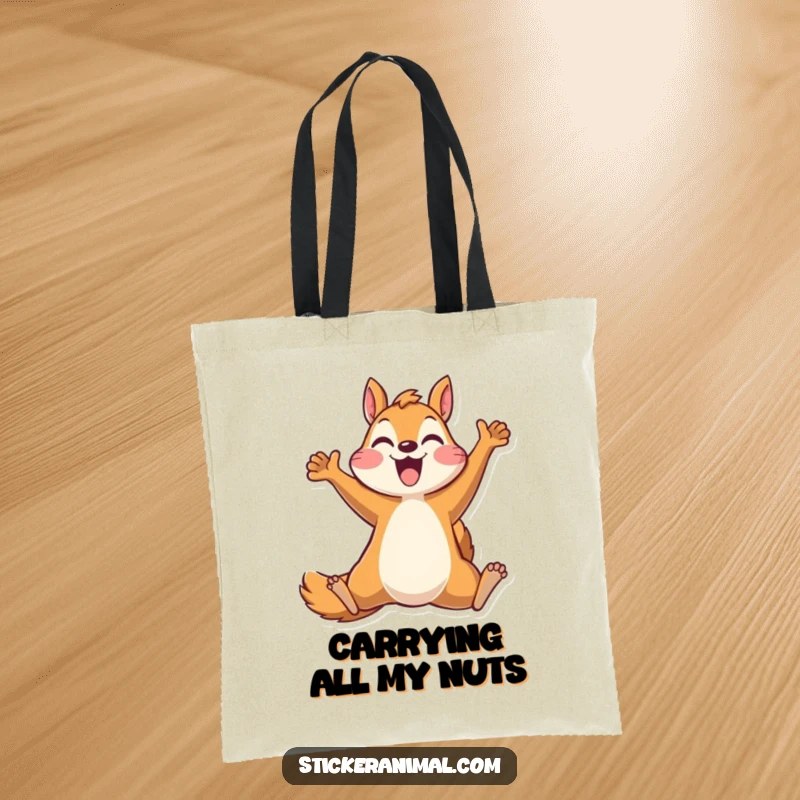 Funny tote bag displaying a jubilant squirrel character mid-air in a celebratory leap, perfect for shopping and carrying smiles.