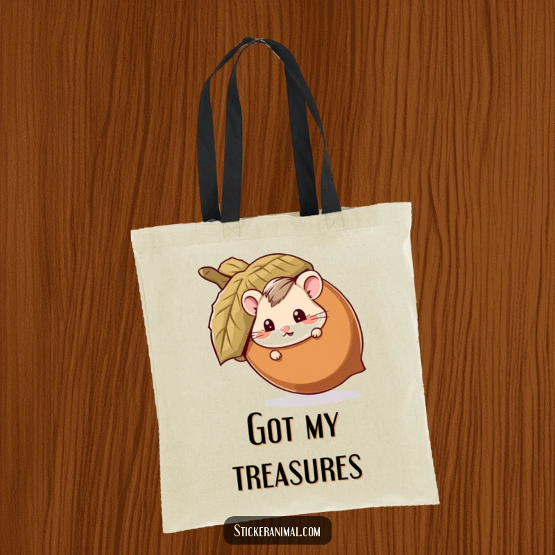 Funny tote bag with a mischievous hamster character peeking out from behind a giant acorn, perfect for carrying essentials with a playful twist.