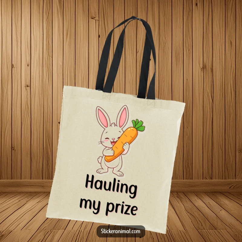 Funny tote bag with a happy bunny character proudly holding a large carrot like a trophy, perfect for carrying essentials and prizes.