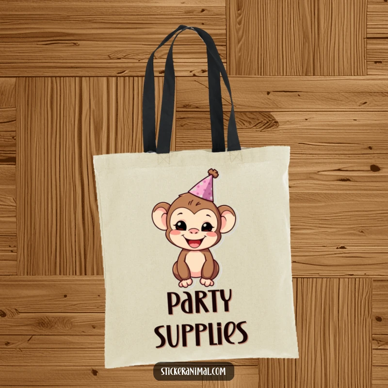 Funny monkey wearing a party hat, smiling from a tote bag, ready to carry party favors.