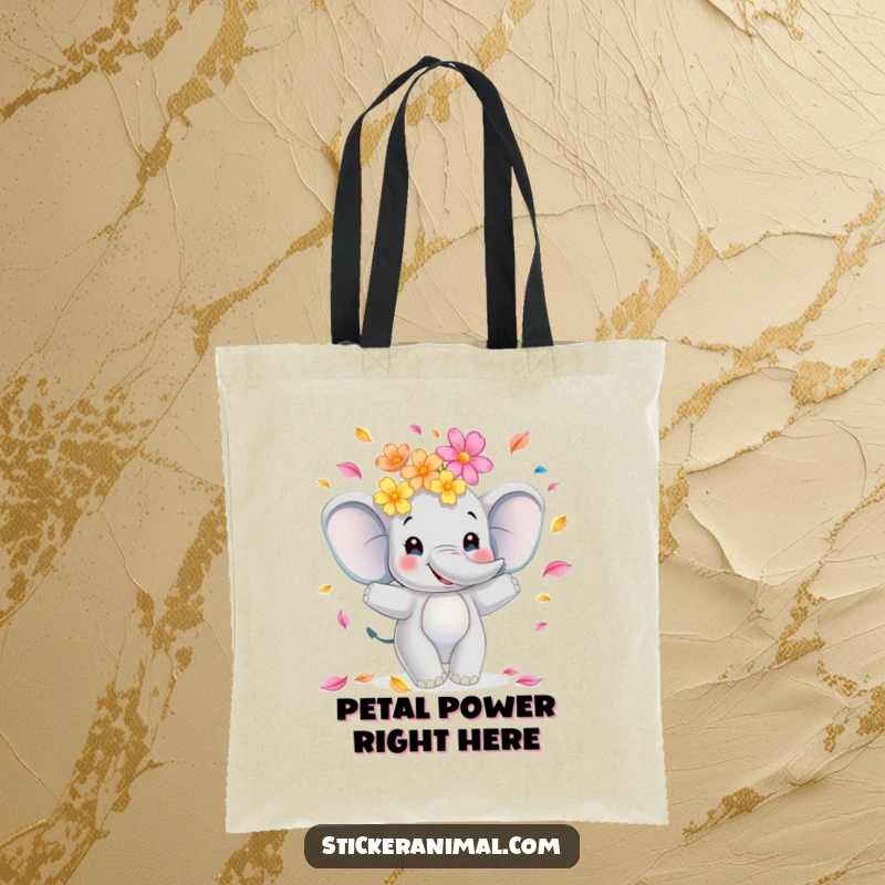 Funny elephant tote bag showcasing a smiling character juggling colorful flower petals, ideal for carrying daily necessities with a joyful touch.