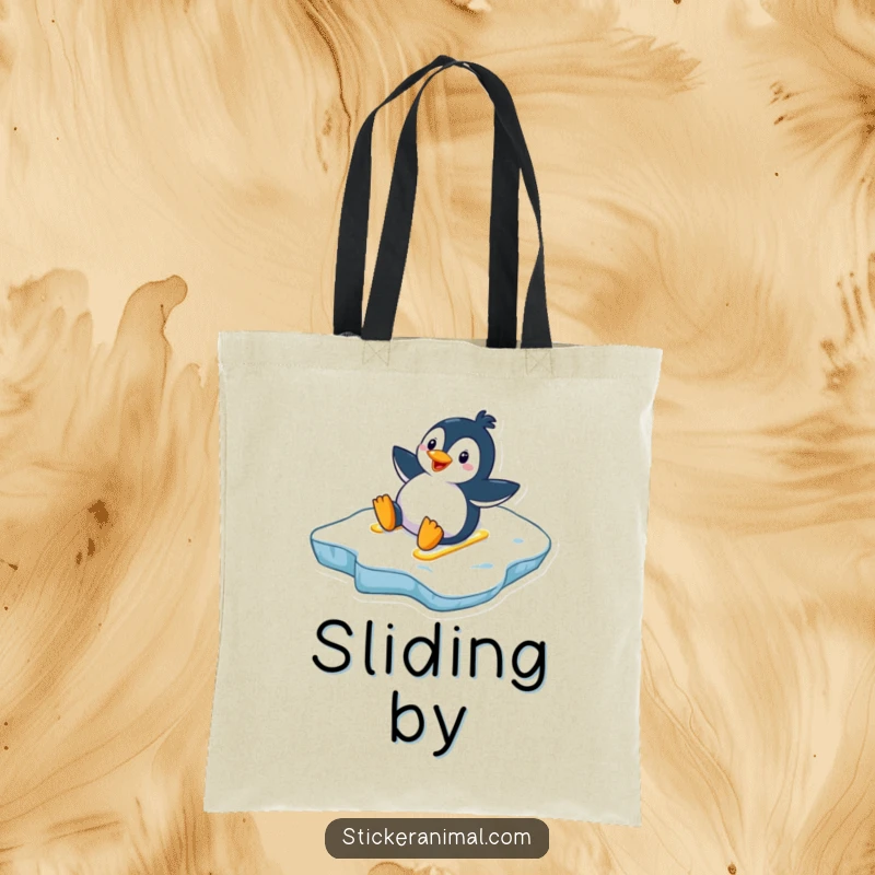 Funny penguin tote bag featuring a delighted penguin mid-slide down an icy slope, perfect for carrying belongings with flair.
